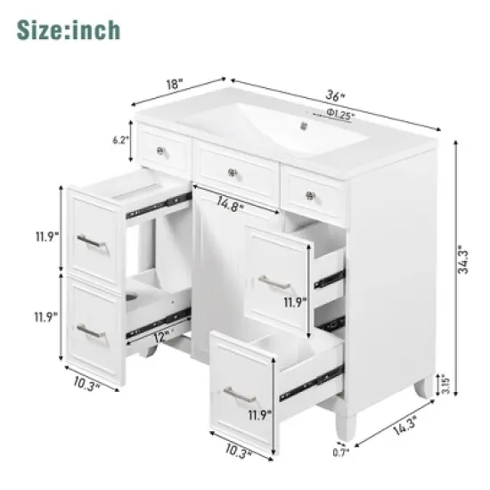 36" Bathroom Vanity Cabinet with Sink, Soft Close Doors and Drawers, White - ModernLuxe image {2}