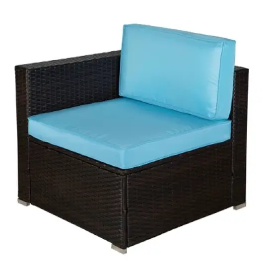 5pc Outdoor Rattan Wicker Conversation Set with Sofas, Chair, Coffee Table & Ottoman - Brown/Blue - GODEER image {8}