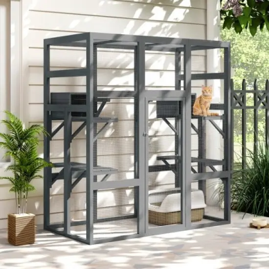 Sandinrayli 70Inches Large Stable Spacious Wooden Catio Outdoor Cat Enclosure with Perches and Condos image {8}