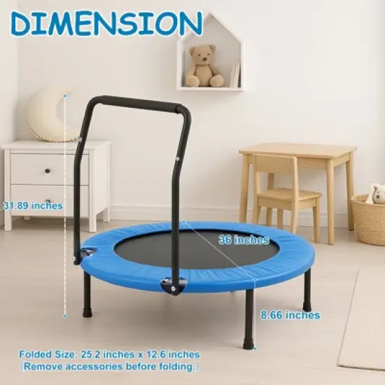 SUGIFT Kids Indoor Outdoor Trampoline with Handrail, 36" Mini Rebounder for Toddlers, Safety Pad & Foldable Design image {3}