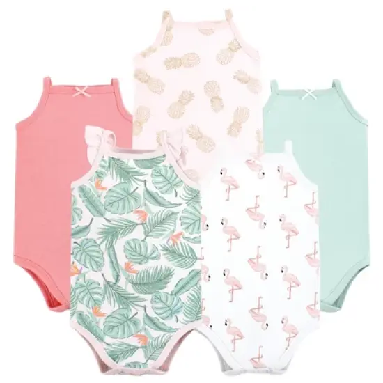 Hudson Baby Infant Girl Cotton Sleeveless Bodysuits, Palm Flamingo image {7}
