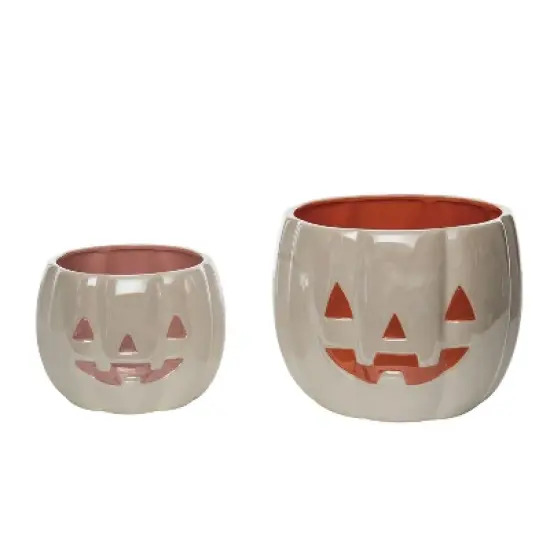 Transpac Dolomite 10.25 in White Halloween Iridescent Nesting Pumpkin Snack Bowls Set of 2 Decorative Bowls image {5}