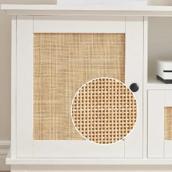 Rattan TV Stand, Modern Entertainment Center for 65/70 Inch TV, White Media Center with 2 Drawers and 2 Cabinets image {4}