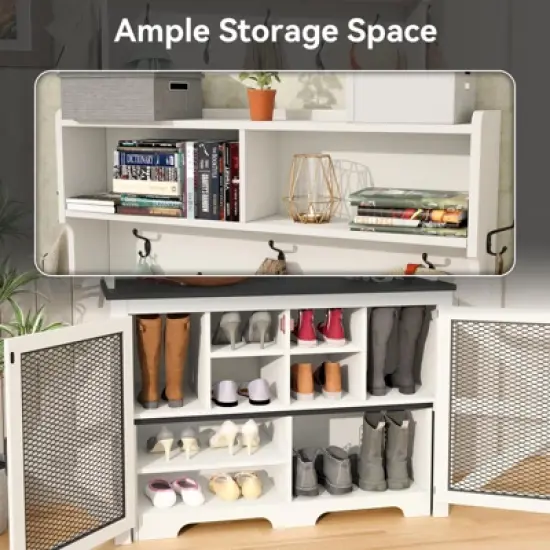 Buenhomino 4 in 1 Hall Tree Coat Rack Versatile Entryway Storage Bench Shoe Cabinet with 7 Hooks, Cubbies and Shelves,Antique White image {5}