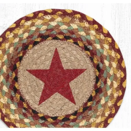Earth Rugs Round Trivet &ndash; Burgundy Star Printed Design, 10"x10", Braided Jute Table Protector image {1}