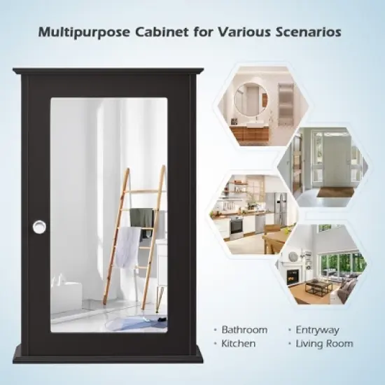 Costway Bathroom Wall Cabinet Single Mirror Door Cupboard Storage Medicine Cabinet Wood Shelf Grey\Brown image {4}