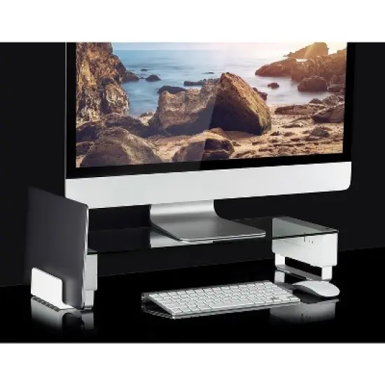 Mount-It! Tempered Glass Monitor Stand with 3 USB Ports | Desktop Riser Fits 24, 27, 30, 32 Inch Screens | 66 Lbs. Weight Capacity image {7}