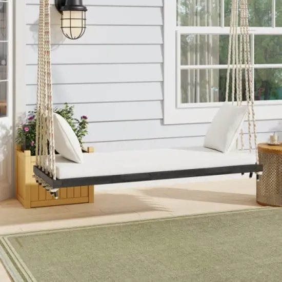 63" Acacia Wood Hanging Patio Swing Chair with Cushions & 10.8ft Hemp Ropes, Porch Swing Bench, 400 lbs Capacity image {17}