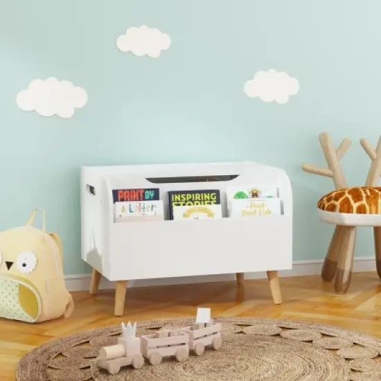 KTMBDW Wooden Toy Box, Kids Toy Storage Organizer with Front Bookshelf, Safety Hinge, Boys Girls Toy Chest Bench for Playroom Kids Room, White image {8}