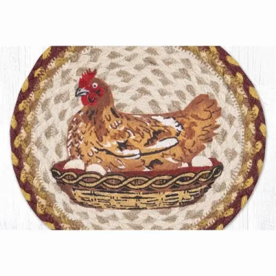 Earth Rugs Hen on Nest Round Trivet &ndash; 10" Printed Farmhouse Design on Braided Natural Jute image {1}