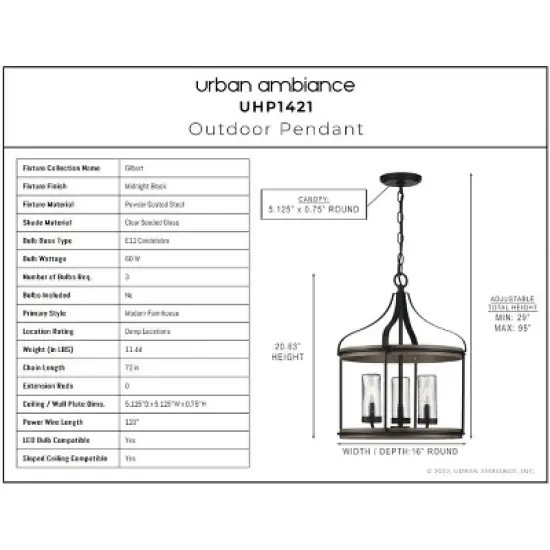 Urban Ambiance Luxury Farmhouse Outdoor Pendant 20.625''H x 16''W,  Midnight Black Finish,  Gilbert Collection, UHP1421 image {3}