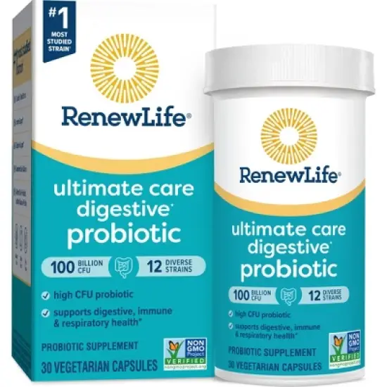 Renew Life Adult Ultimate Care Probiotic, 100 Billion CFU Per Capsule, 12 Strains, Potent Shelf Stable Probiotic; Gluten, Dairy, Soy Free; 30 Capsules image {1}
