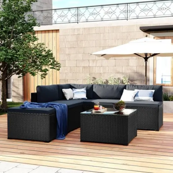 6pc Wicker Patio Conversation Set with Cushions - Black/Gray - GODEER image {2}