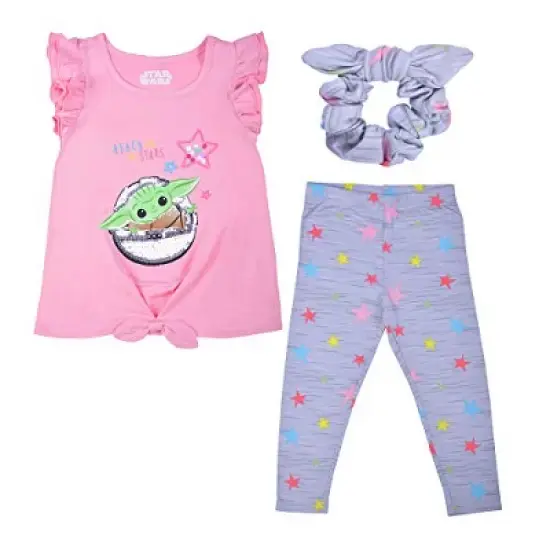 Star Wars Girl's 2-Pack Baby Yoda Reach For The Stars Sequin Flutter Sleeve Shirt, Legging Pants and Bow Hair Scrunchie Set for Infant image {6}