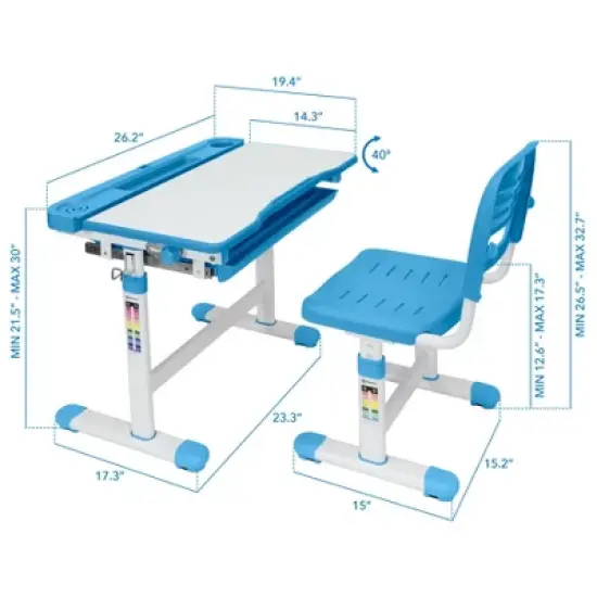 Mount-It! Kids Desk and Chair Set | Height Adjustable Ergonomic Children's School Workstation with Storage Drawer | Blue image {7}