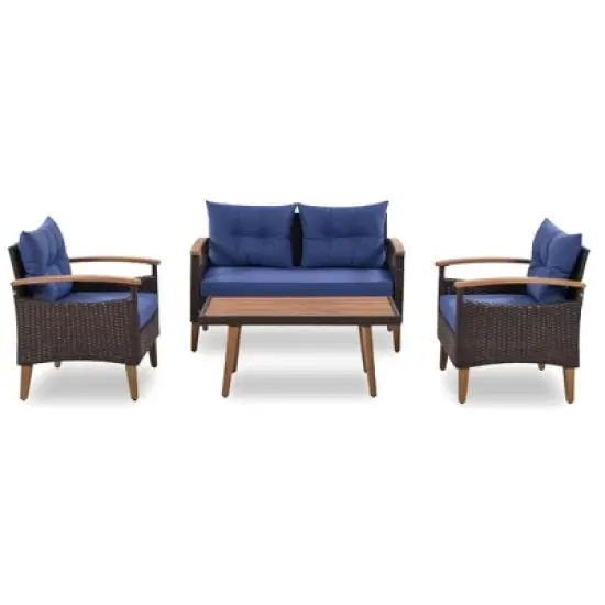 FIONECA 4-Piece Patio Furniture Set, PE Rattan Outdoor Sofa with Cushions & Wood Table, Garden Conversation Set, Brown & Blue image {8}