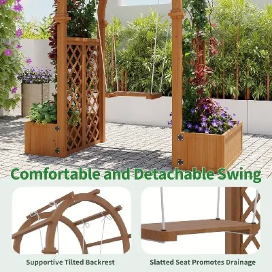 Acekool Wood Garden Arbor with Planter Boxes and Detachable Swing, Outdoor Arch Trellis for Climbing Plants, Brown image {3}