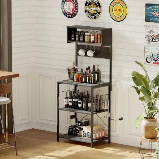 Kitchen Bakers Rack with Power Outlet, Microwave Stand, 4 Tiers Coffee Bar Station, Kitchen Storage Shelf w/Hooks, Rack for Spices, Pots Pans image {7}