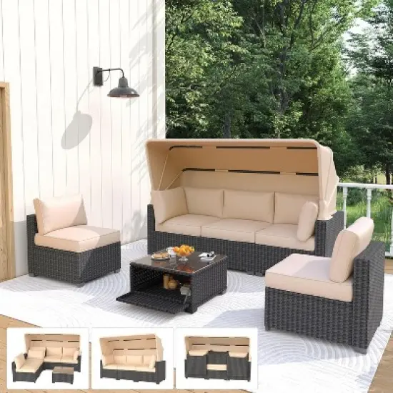 Patio Furniture Set, 6pcs Outdoor Rattan Wicker Furniture with Canopy, Outdoor Sectional Sofa and Table with Storage, Patio Conversation Sets image {2}