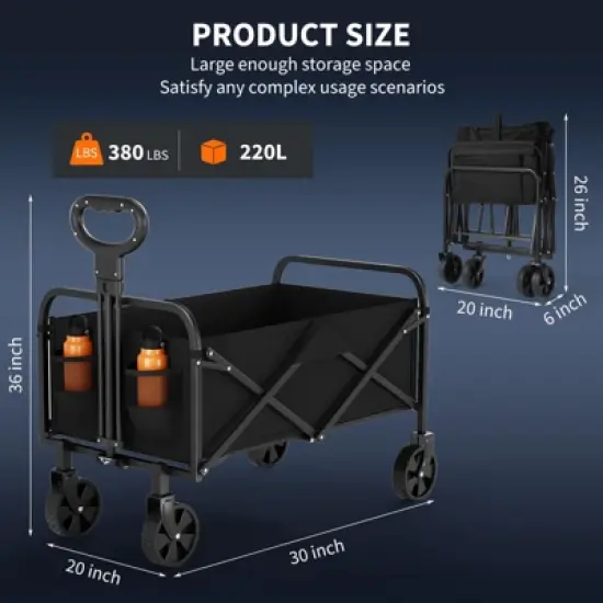 Foldable Wagon Cart with 380LBS Capacity, All-Terrain Wheels & 220L Storage, Lightweight 12LBS Collapsible Utility Cart for Outdoor, Beach, Garden image {1}