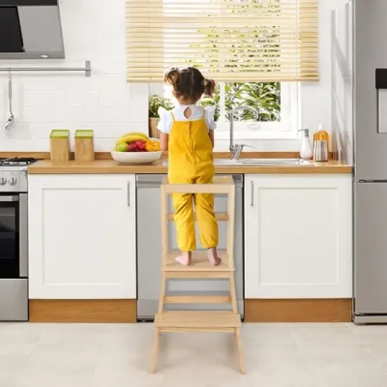 Costway Kids Kitchen Step Stool Kids Standing Tower with Safety Rails White\Nature image {1}