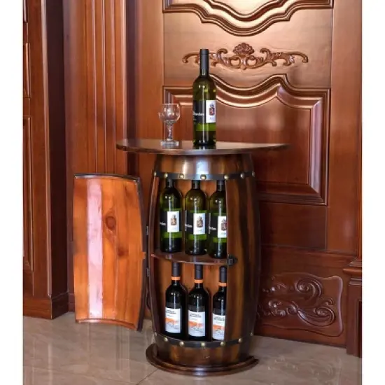 Vintiquewise Rustic Lockable Barrel Shaped Wine Bar Cabinet Wooden End Table image {1}