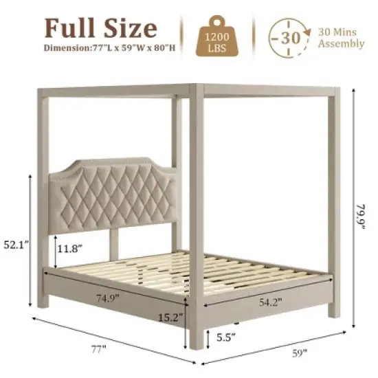 Upholstered Canopy Bed Frame Full Size with Headboard, Button Tufted, Nailhead Trim Design, No Box Spring Required image {7}