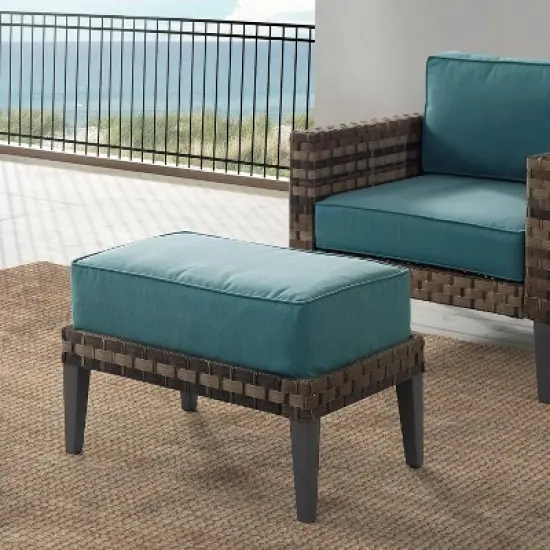 Prescott Outdoor Wicker Ottoman - Blue/Brown - Crosley image {1}