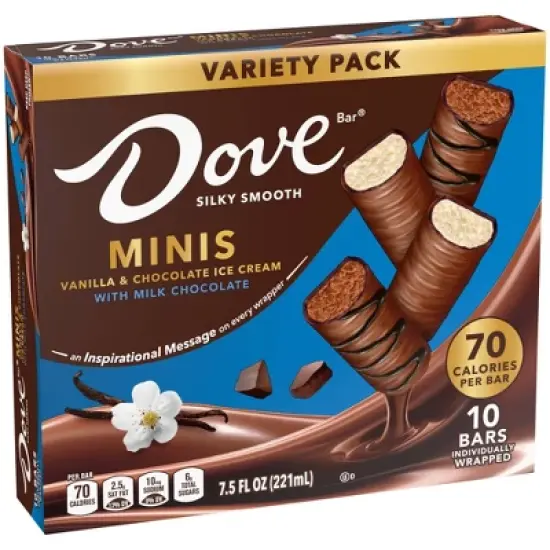 DOVE Minis Frozen Ice Cream Bars Variety Mix Vanilla and Chocolate Ice Cream With Milk Chocolate - 10ct/7.5 fl oz image {10}