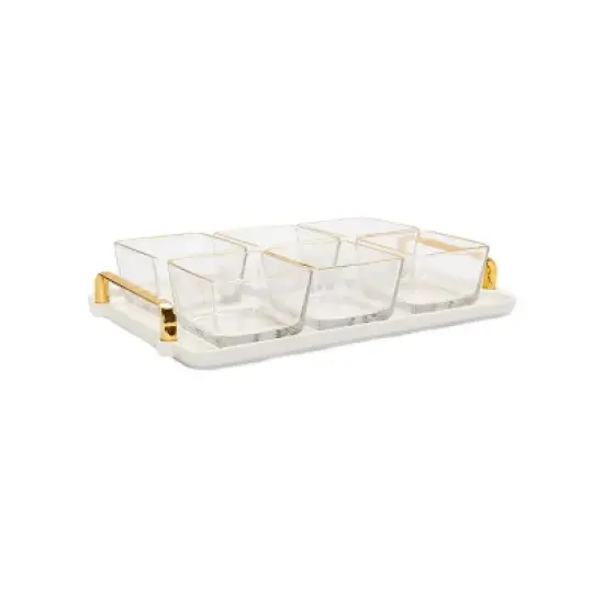 Classic Touch 6 Bowl Serving Dish White Tray and Glass Bowls with Gold Trim - 13.5"L image {4}