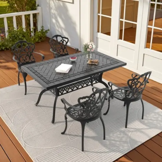 (5-PC)Premium Black Cast Aluminum Patio Set - Weather-Resistant Outdoor Table & Chairs with Beige Cushions image {1}