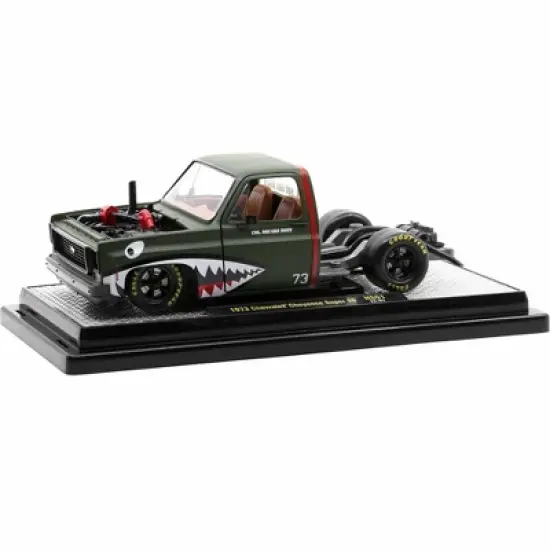1973 Chevrolet Cheyenne Super 10 Bedless Truck #73 Matt Dark Green w/Graphics 1/24 Diecast Model Car by M2 Machines image {1}