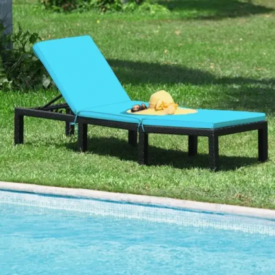 Tangkula Adjustable Rattan Patio Chaise Lounge Chair Couch w/ Turquoise Cushion image {2}