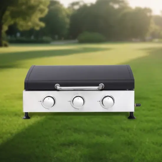 3-Burner Gas Grill with Teppanyaki Plate, Cast Iron Grids, Stainless Steel Plancha, Pull-Out Grease Tray, 28,680 BTU Outdoor BBQ Station image {11}