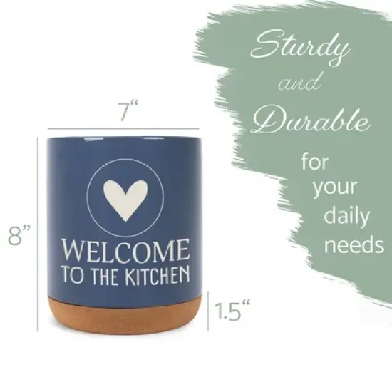 Elanze Designs Welcome to the Kitchen Ceramic Cork Bottom Navy Blue Large Capacity Utensil Holder Crock for Countertop Storage, Stylish & Durable for image {1}