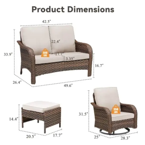 Buenhomino 5 Piece Patio Furniture Set, Wicker Patio Conversation Sets with Swivel Chairs, Outdoor Loveseat Sofa Sets with 2 Ottomans for Backyard image {2}