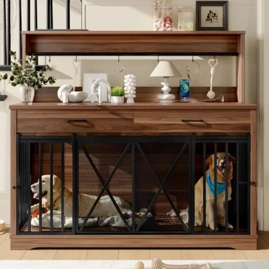 55" Wooden Dog Crate Furniture for 2 Dogs,Indoor Dog Kennel with Divider,Drawers and Barn Doors,Dog Crate TV Stand-Maison Boucle image {7}