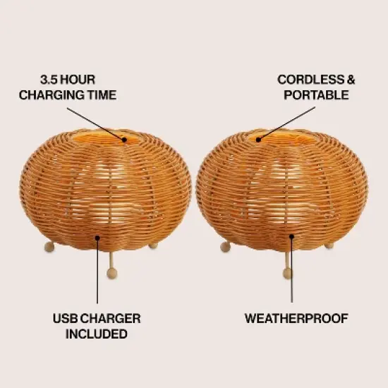 JONATHAN Y Kairi Modern Bohemian Indoor/Outdoor Faux Rattan Lantern Rechargeable/Cordless Dimmable Integrated LED Table Lamp image {2}