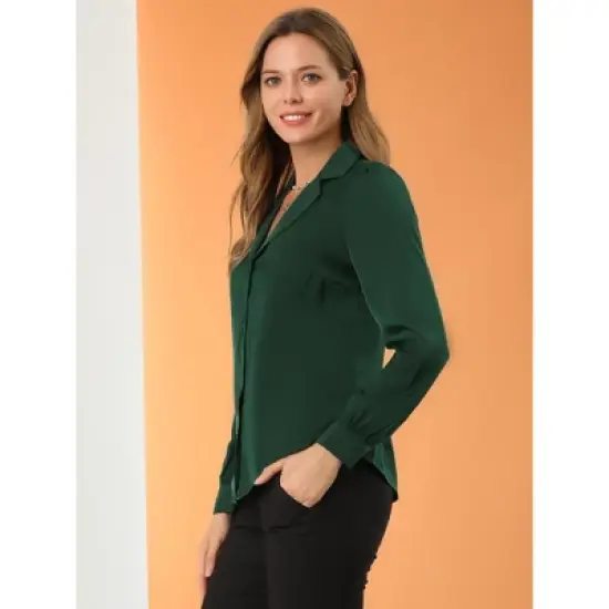 Allegra K Women's Elegant Collar V Neck Long Sleeve Work Office Satin Button Down Shirt image {3}