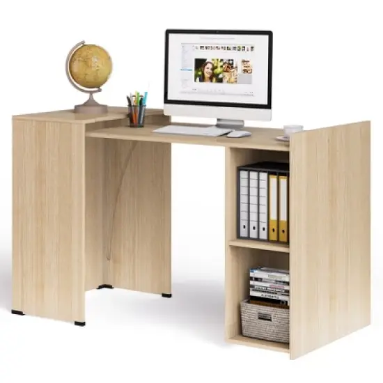Costway Extendable Computer Desk Reversible Study Writing Desk w/ Mobile Shelves Natural/Brown image {11}
