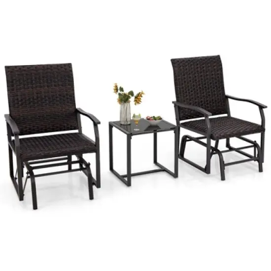 Tangkula 3 PCS Patio Gliding Set Wicker Swing Glider Furniture Set w/ Tempered Glass Coffee Table image {4}