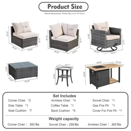 Venice 10pc Wicker Outdoor Patio Furniture Set Conversation Sofa with a Storage Fire Pit, Swivel Chair and Cushions image {13}