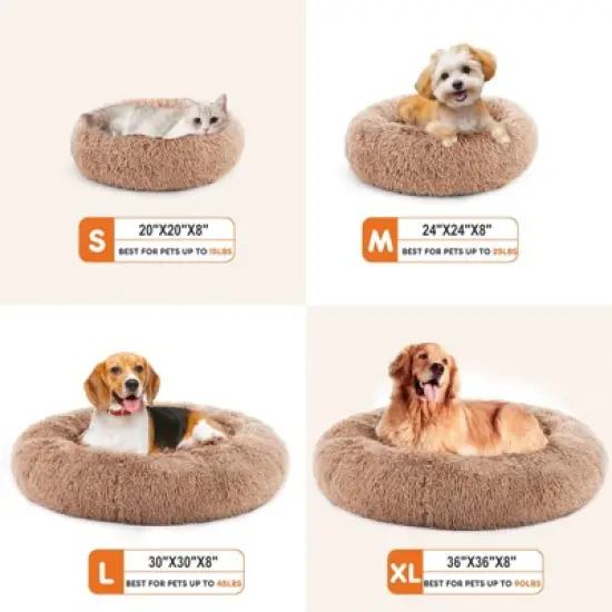 SEVOBAL Pet Beds Anti-Slip Round Fluffy Plush Faux Fur Cat Bed, Pet Bed For Dog Or Cat, Removable Pet Sofa Bed, Brown, 24.8"*24.8"*5.9" image {2}