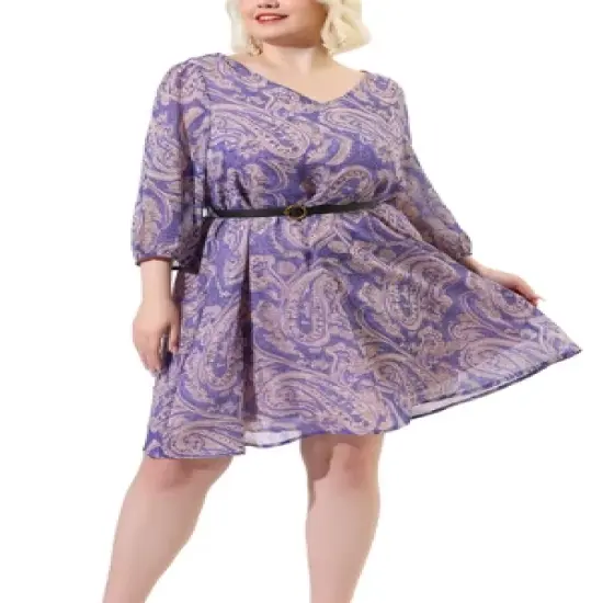 Agnes Orinda Women's Plus Size Elegant Floral Belted Waist 3/4 Sleeves Chiffon Dress image {6}
