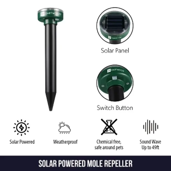 Dartwood Outdoor Solar Ultrasonic Pest and Mole Repellent - Remove Groundhogs Rats Mice Snakes and More From Your Gardens, Lawns,and Yards (4-8 Packs) image {2}