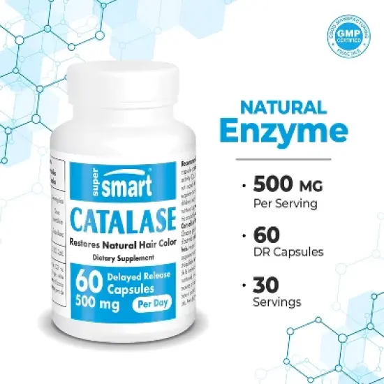 SuperSmart Catalase 500mg per Day (12500 CatU) - Natural Enzyme - Anti Gray Hair Supplement | Non-GMO & Gluten Free - 60 Delayed Release Capsules image {3}