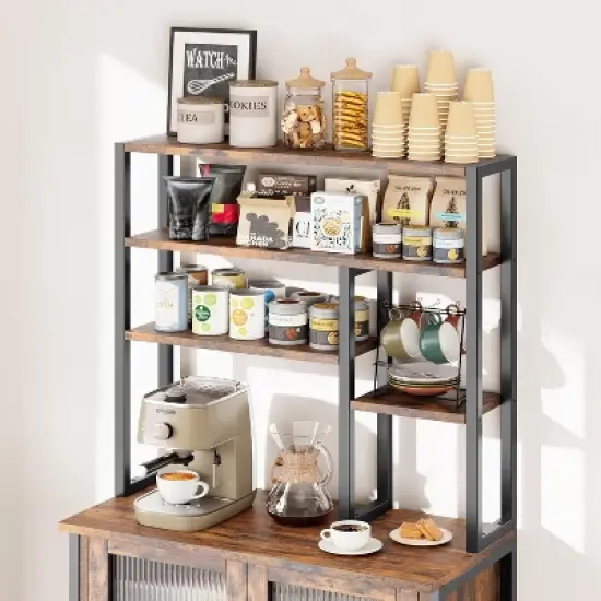 Bakers Rack with Cabinet, 5 Tier Microwave Stand 63.78", Baker Rack with Fluted Door Large Kitchen Oven Stand Tall Bar Cabinet, Retro Brown image {4}