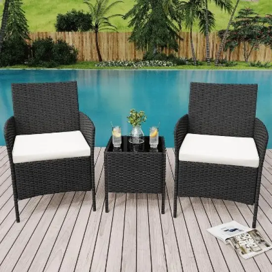 3 Pieces/4 Pieces Patio Furniture Sets, Outdoor Wicker Conversation Sets with Soft Cushion and Glass Table, All Weather Manual Rattan Chairs image {3}