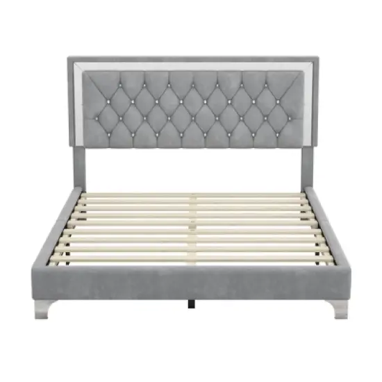 Queen Size Velvet Upholstered Platform Bed Frame with LED Lights and Tufted Headboard-ModernLuxe image {3}