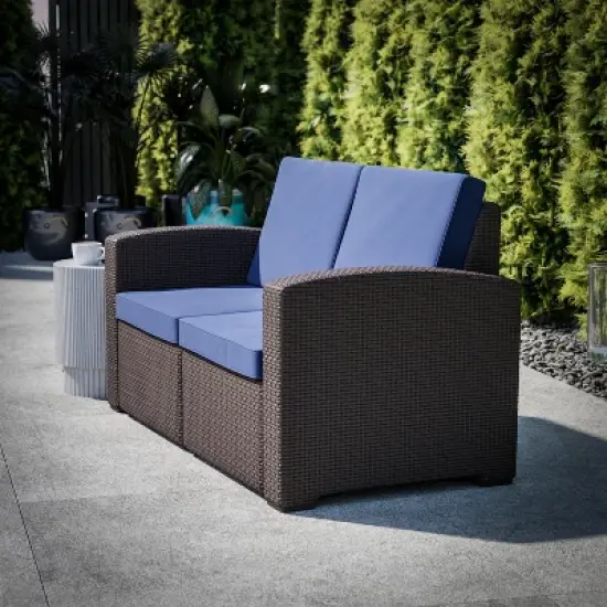Flash Furniture Seneca Faux Rattan Loveseat with All-Weather Cushions image {2}